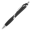 A black ballpoint pen featuring a sleek design with chrome accents and a clip. It has a logo on the barrel.