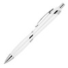 A ballpoint pen in white with chrome accents and a sleek design. It features a clip and a smooth surface.