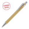 A ballpoint pen made of bamboo with a silver clip and tip. It features a logo on the barrel.