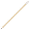 A natural wood pencil with a silver eraser at the end, featuring a sharpened tip and a smooth finish.