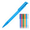 A blue transparent ballpoint pen with a matching clip, alongside pens in red, green, orange, black, and clear.