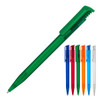 A ballpoint pen in green, featuring a clips on the cap, alongside pens in blue, red, orange, and clear.