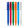A collection of ballpoint pens in blue, red, green, orange, blue, and clear, featuring clips and a logo.