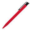 A plastic ballpoint pen in bright red with a black clip and textured grip. It includes a logo on the clip.