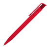 A red plastic ballpoint pen with a glossy finish and a clip. Features a smooth cylindrical design.