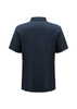A navy blue short sleeve polo shirt featuring a collar and a logo on the front.