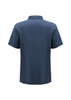 A navy blue short sleeve polo shirt with a collar, featuring a logo. The back view showcases a simple design.