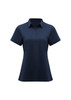 A navy women's short sleeve polo shirt with a classic collar and button placket, featuring a logo.