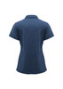 A navy blue women's short sleeve polo shirt featuring a collar and a logo.