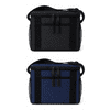 A cooler bag in black and navy, featuring a zip closure and mesh side pockets, with an adjustable strap.