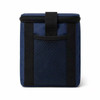 A navy cooler bag with a mesh pocket and black straps, featuring a zip closure. Includes a logo on the front.