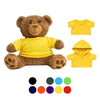 A plush teddy bear in brown with a yellow T-shirt, accompanied by interchangeable outfits in various colours.
