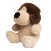 A plush dog toy in beige and brown, featuring a soft body and floppy ears. It has a cute, round face and a black nose.