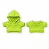 Two bright green plush toy outfits, one with a hood and the other a short-sleeve shirt.