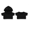 A set of two black plush toy outfits, including a hooded top and a short-sleeve top, both featuring a simple design.