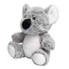 A grey and white koala plush toy with a soft, cuddly texture and a cute, round face. It has a logo on its side.