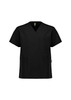A unisex black V-neck scrub top featuring short sleeves and multiple pockets, with a logo on the design.