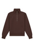 A brown 1/4 zip jumper featuring long sleeves and a high collar. It has a branding logo on it.