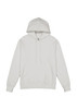 A white hoodie with a front pocket, drawstrings, and a large hood. It features a logo.
