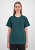 A women's short sleeve tee in a deep green colour, featuring a simple design and a logo.