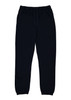 A pair of navy track pants with an elastic waistband and cuffs, featuring a drawstring. It has a logo.