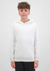 A youth hoodie in white with a front pocket and a drawstring hood, featuring a logo.