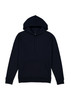 A navy blue hoodie featuring a front pocket and a hood, with an added branding logo.