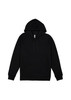 A black hoodie featuring a front pocket and a hood, with a simple design and a logo.