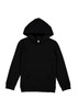 A black hoodie featuring a front pocket and a drawstring hood, with a small logo on the label.