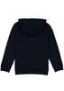 A navy blue hoodie with a hood and long sleeves, featuring a simple design on the back.