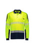 A long sleeve polo in bright yellow with navy blue accents and reflective segmented tape. Features a logo on the chest.