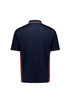 A navy blue polo shirt with short sleeves and patterned side panels, featuring a logo.