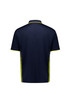 A men's short sleeve polo in navy with bright yellow accents and a branded logo on the back.