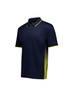 A navy short sleeve polo featuring a yellow trim and a patterned design on the sides. Includes a logo.