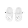 White clog slides with ventilation holes, featuring a simple design and a black button on the side.