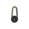 A green carabiner featuring a compass and thermometer, with a black dial showing cardinal directions.