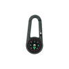 A black carabiner with a built-in compass and thermometer, featuring red and green directional markings.