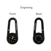A black carabiner featuring a compass on one side and a thermometer on the other.