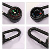 A black carabiner featuring a compass and thermometer, with bold red and blue indicators. The product has a metallic hook.