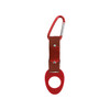 A drink bottle holder featuring a red carabiner clip and a brown strap, with a circular opening for the bottle.