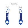 A drink bottle holder with a blue rubber grip and a blue carabiner clip, featuring a logo.