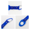 A drink bottle holder in blue with a carabiner clip, featuring a loop and strap design, and a logo.