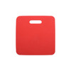 A red promotional stadium seat cushion with a cut-out handle. It has a smooth surface and no visible branding.