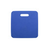 A blue promotional stadium seat cushion with a cut-out handle for easy carrying.