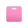 A pink stadium seat cushion with a handle, featuring a smooth surface and square design.
