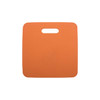 An orange stadium seat cushion with a handle for easy transport. It features a smooth surface and rounded corners.