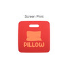 A red stadium seat cushion with a handle and a graphic of a pillow on the surface. It features a logo.