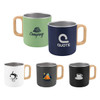A drink bottle displaying five stainless steel insulated mugs with wooden handles, in green, navy, white, grey, and black.