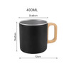 A drink bottle featuring a black stainless steel body, a wooden handle, and a 400ML capacity with dimensions provided.