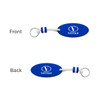 A blue EVA floating keychain with a white cord and a metal ring. It features a logo on both sides.